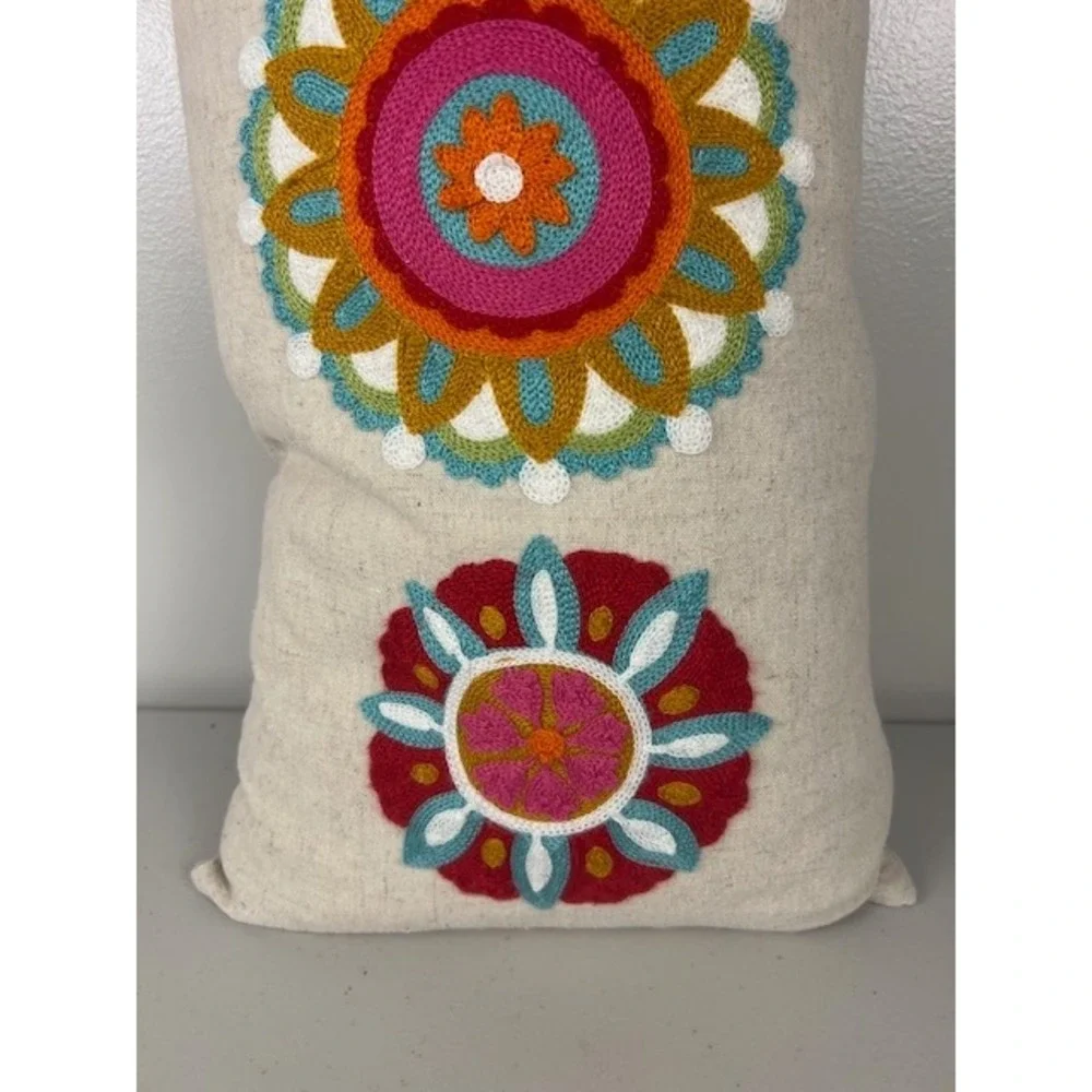 Levtex Home Lumbar Throw Pillow Embroidered Duck Feather Fill 12x24 cream linen
